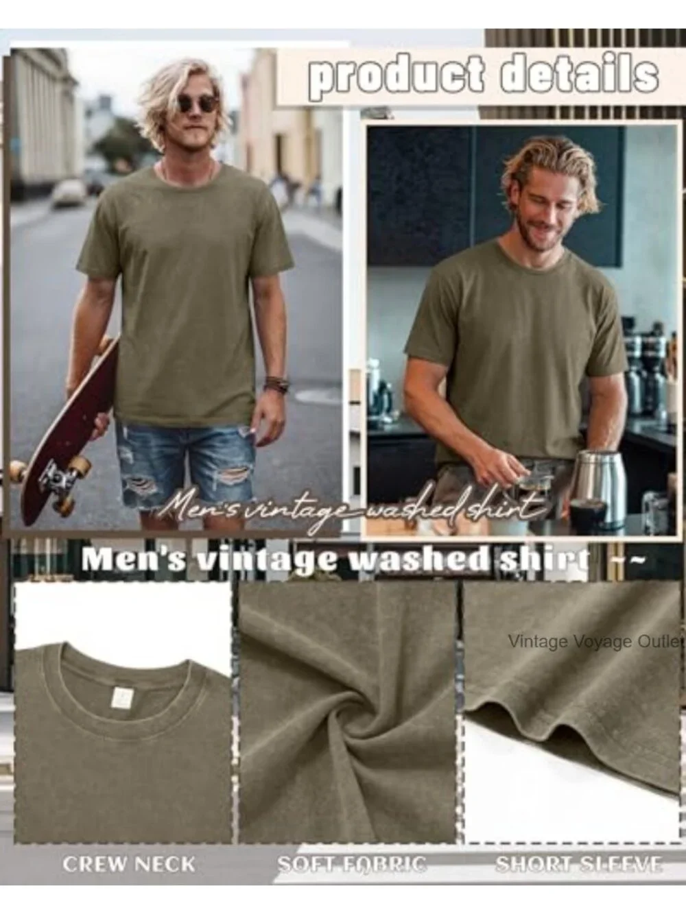 Mens Oversized Vintage Washed Crew Neck T-Shirt Heavyweight Cotton Spandex